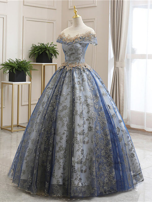 Cute Blue Tulle With Lace Cap Sleeves Party Dress, Tulle Ball Gown Sweet 16 Dress